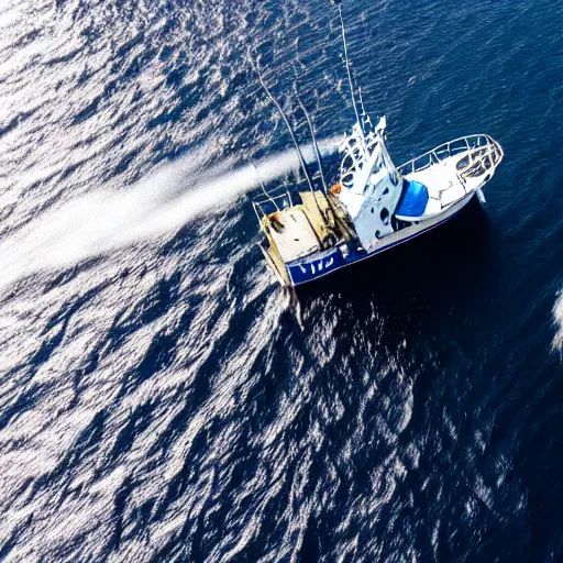 Prompt: uk registered fishing trawler, aerial view, rough seas