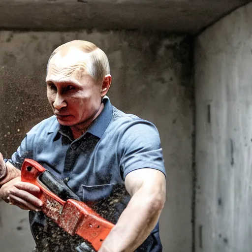 Image similar to putin with a chainsaw and a corpse. in a concrete bunker. focus on putins face with blood splatters. canon eos r 3, f / 1. 4, iso 1 6 0 0, 1 / 8 0 s, 8 k, raw, grainy