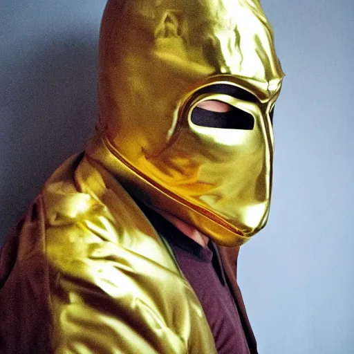 Image similar to big man, wearing a golden mask thats heart shaped.