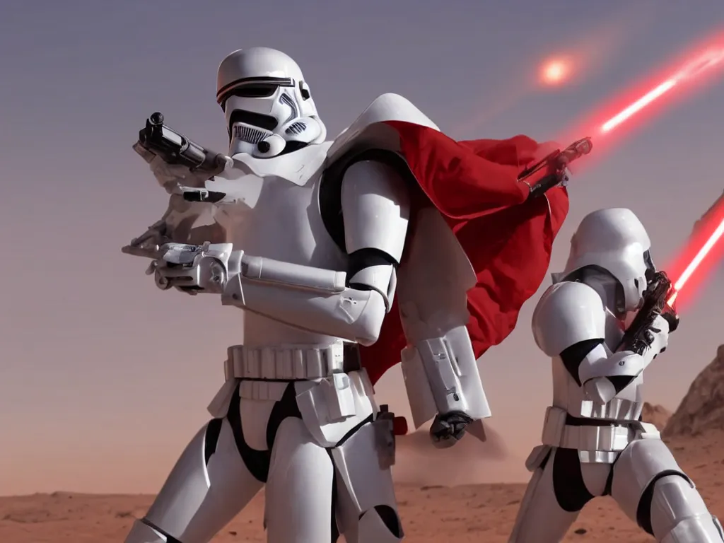 Image similar to gigachad space trooper in glossy sleek white armor with small red details, no helmet, red cape, heroic posture, firing laser rifle, muscular, athletic, on the surface of mars, explosions in the background, nighttime, dramatic lighting, cinematic, movie still from star wars