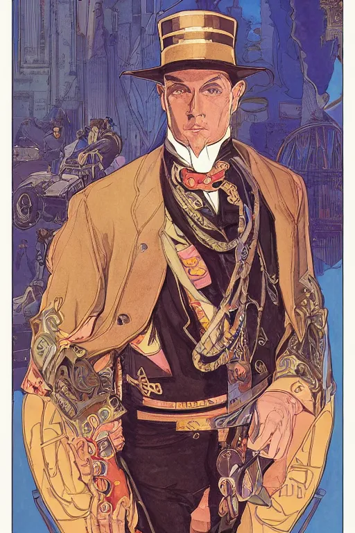 Prompt: zoomed out portrait of a duke, victorian era, art deco style, stylized illustration by moebius, juan gimenez, watercolor gouache detailed paintings in style of syd mead, metabaron, ghibli studio vibe, vivid colorful comics style, clean line, diesel punk,