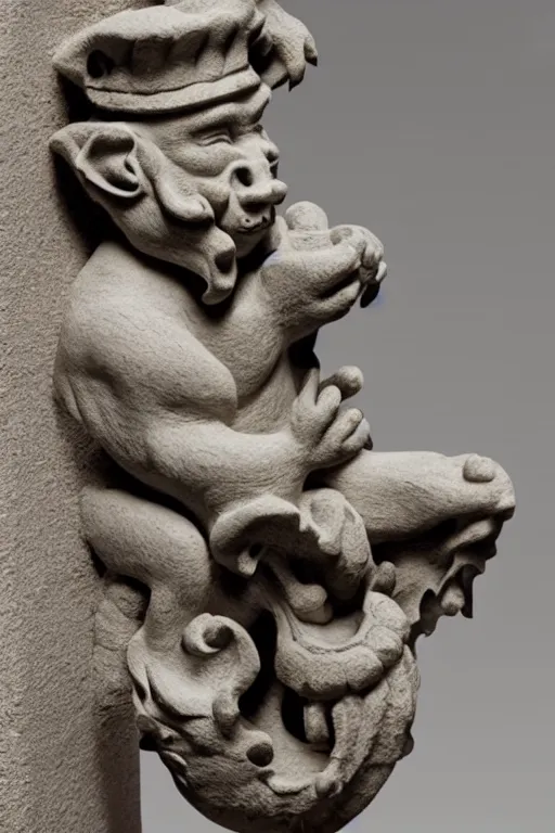 Image similar to ortographic view of a stone sculpture of a gargoyle sitting on a pedestal with intricate carvings and fine detail