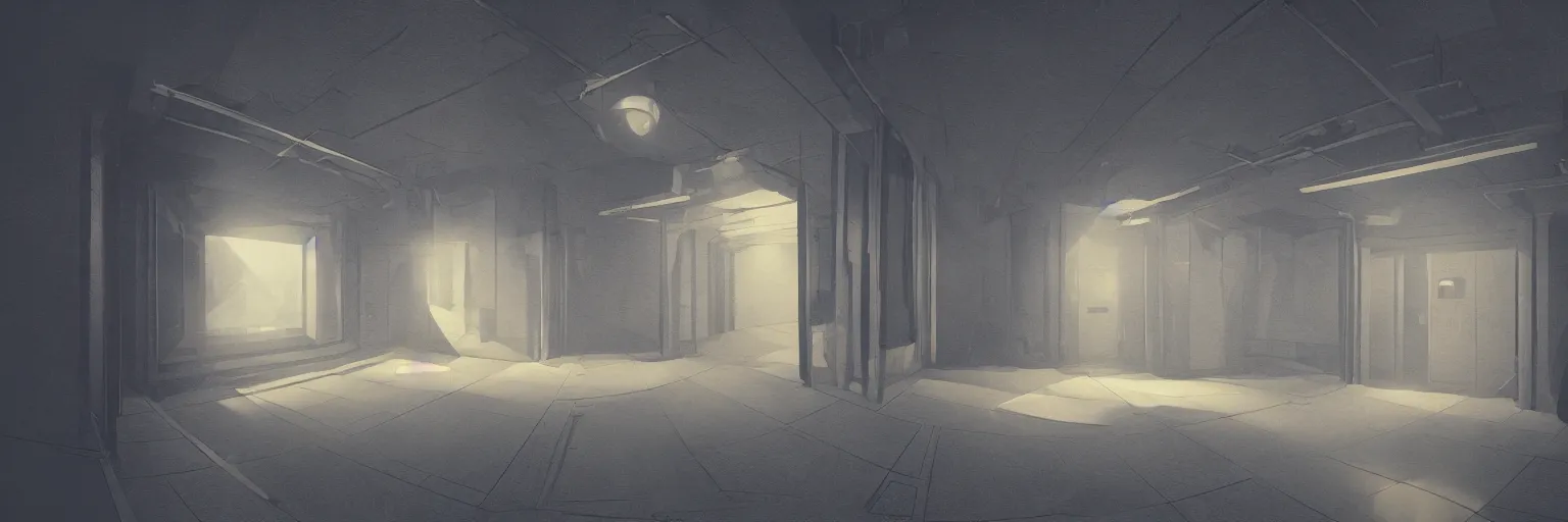 Prompt: dimly lit, theatre access corridor background, 3 doors, fish eye, rendered by Beeple, by Makoto Shinkai, flat style