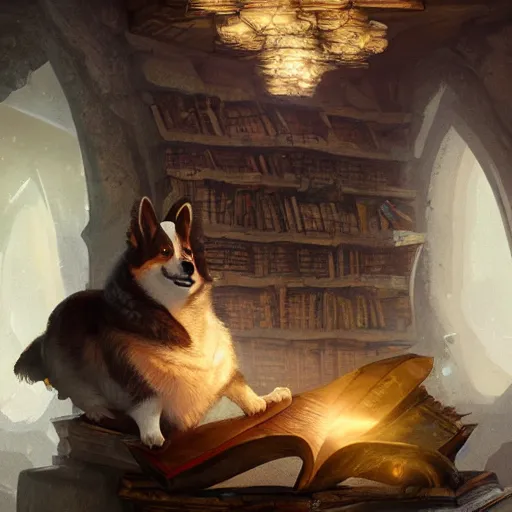 Prompt: a corgi thaumaturgist in his library, d & d character art, extremely detailed, hyperrealistic, arcane trinkets, mystical aura, glowing, beautiful digital illustration, greg rutkowski, trending on artstation