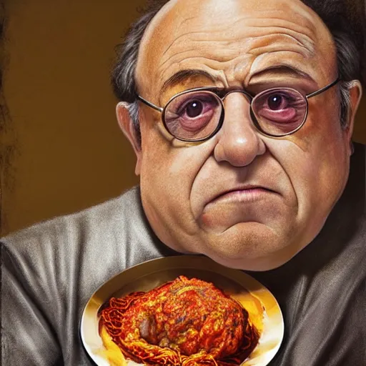 Prompt: hyperrealistic mixed media high resolution image of Danny DeVito as a greasy sauce covered meatball on a plate of spaghetti, stunning 3d render inspired art by István Sándorfi and Greg Rutkowski and Unreal Engine, perfect symmetry, dim volumetric lighting, 8k octane beautifully detailed render, post-processing, extremely hyper-detailed, intricate, epic composition, highly detailed attributes, highly detailed atmosphere, full body shot, cinematic lighting, masterpiece, trending on artstation, very very detailed, masterpiece, stunning, flawless structure, lifelike texture, perfection,