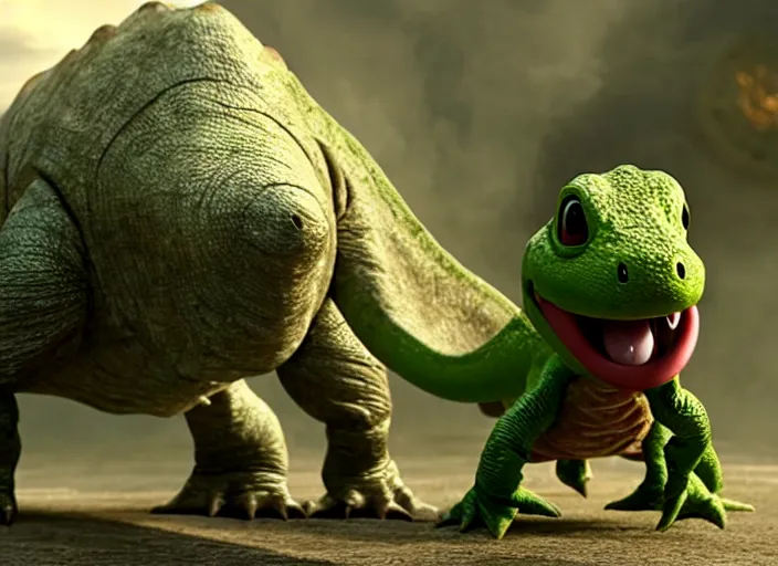 Image similar to film still of yoshi in the new sci - fi movie, cute upright dinosaur standing on its hind legs with a small turtle shell and long tongue, 8 k