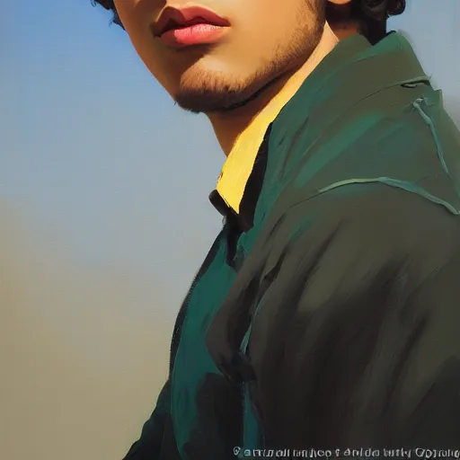 Image similar to oil painting by ilya kuvshinov, baugh casey, rhads, coby whitmore, of a youthful persian - indian college student, male, handsome, curly black hair, outdoors, highly detailed, breathtaking face, studio photography, dawn, intense subsurface scattering, blush, supple look, innocence, intense sunlight