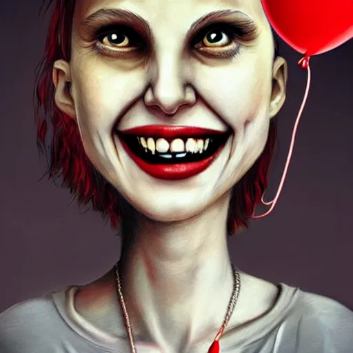 Prompt: surrealism grunge cartoon portrait sketch of natalie portman with a wide smile and a red balloon by - michael karcz, loony toons style, mad max style, horror theme, detailed, elegant, intricate