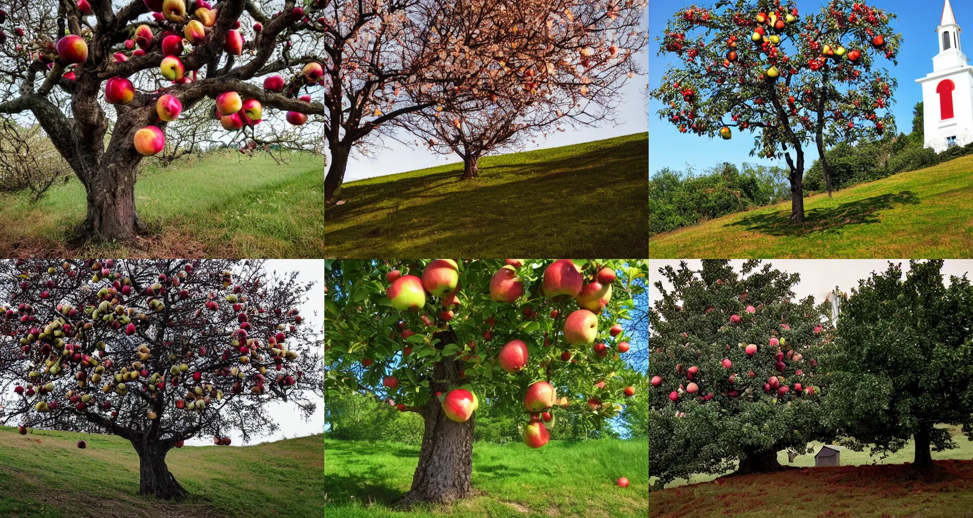 Image similar to tree with apples on hill in front of white church