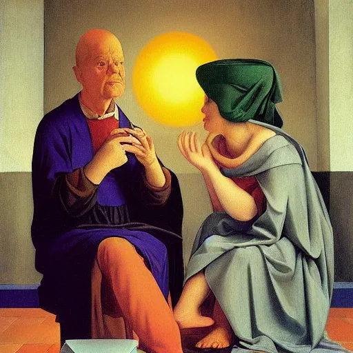 Image similar to a fortune teller giving you a bad day by Raphael, Hopper, and Rene Magritte. detailed, romantic, enchanting, trending on artstation.
