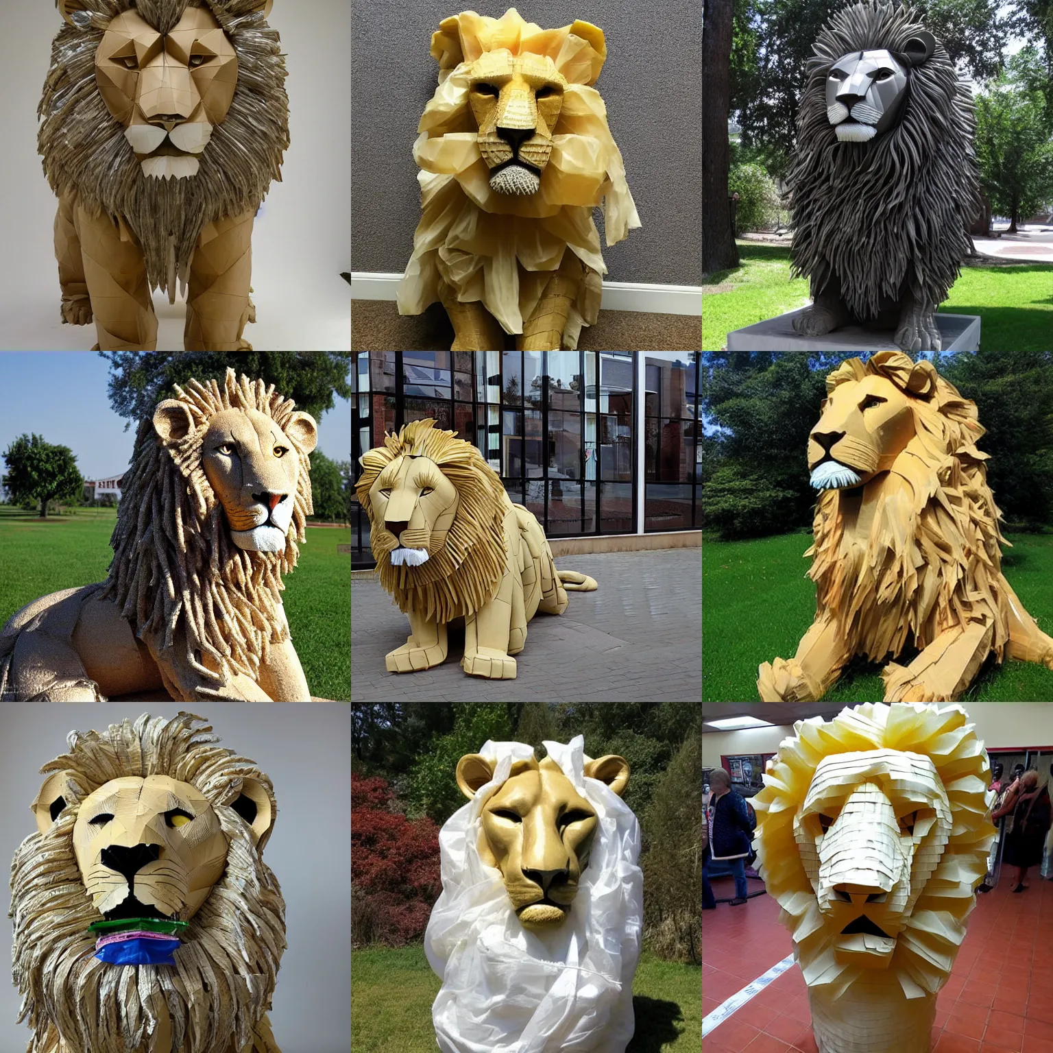 Prompt: sculpture of a lion made out of plastic bags, photo, detailed, award winning