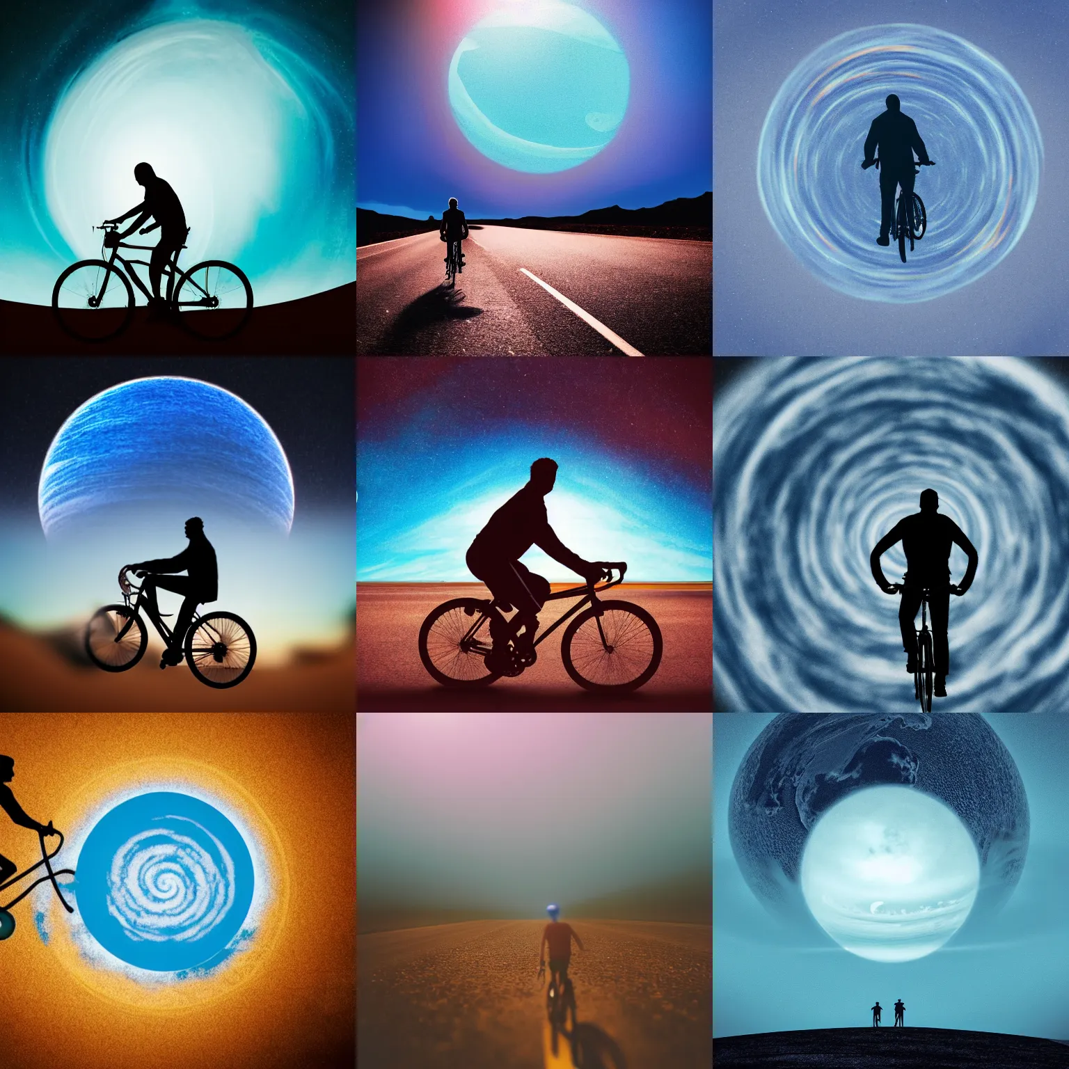 Prompt: high detail photo of a silhouette of a man riding a bicycle on a long road in front of a giant blue swirly planet, cinematic, atmospheric, spooky, hazy, 8k, tranquil, desolate