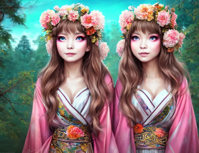 Image similar to two beautiful fashion siberian girls wear fantasy kimono in festival | | big eyes, sunny, dreamlike art, realistic shaded, smile, good looking, hyper details, 4 k realistic, cryengine, realistic shaded lighting poster by artgerm, ross tran, fuji choko, loish, 8 k resolution, trending on artstation, luxury