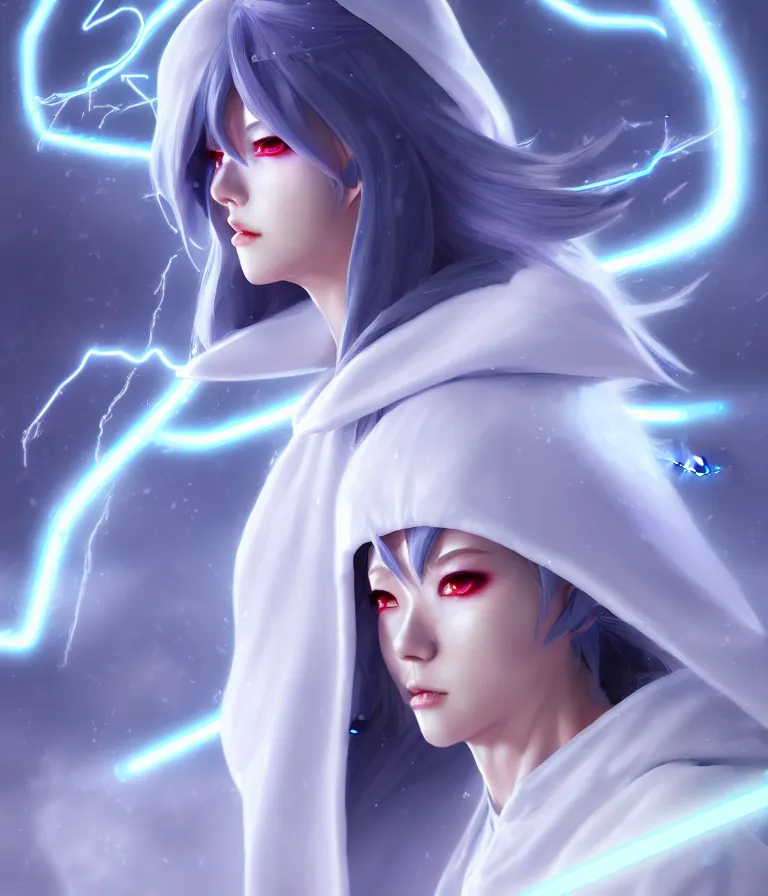 Prompt: female superhero of the rainstorms with shimmering white uniform, cloak and robes and silver hair, lightning and thunderclouds all around, fantasy character concept art in japanese anime style with photorealistic rendering digital painting of the century award octane render artstation hypervivid detailed