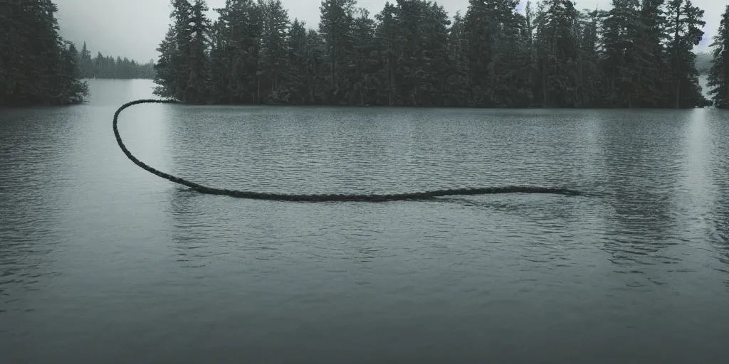 Image similar to symmetrical photograph of a very long rope on the surface of the water, the rope is snaking from the foreground towards the center of the lake, a dark lake on a cloudy day, trees in the background, moody scene, dreamy kodak color stock, anamorphic lens