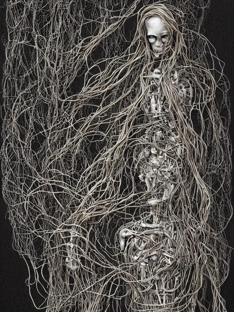 Prompt: portrait of a beautiful female android robot holding a realistic anatomical heart in her hands and crying, there are wires coming from her heart, tangled and entwined with her long flowing hair, mecha, biopunk, skeletal, bones, brambles and vines, dendritic, plain black background, by Patrick Dougherty, by Henry Justice Ford