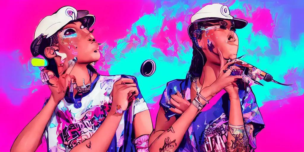 Image similar to lady rapper performs with microphone, epic pose, digital art, vapor wave, hip hop, psychedelic, surreal, trending on Artstation, professional artist, detailed, 4k