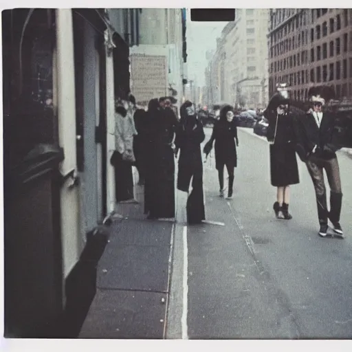 Image similar to wide-shot low-angle photo of empty!!! animated walking ghostly people (((heads))) at the street in New York, polaroid photo, by Andy Warhol, signed