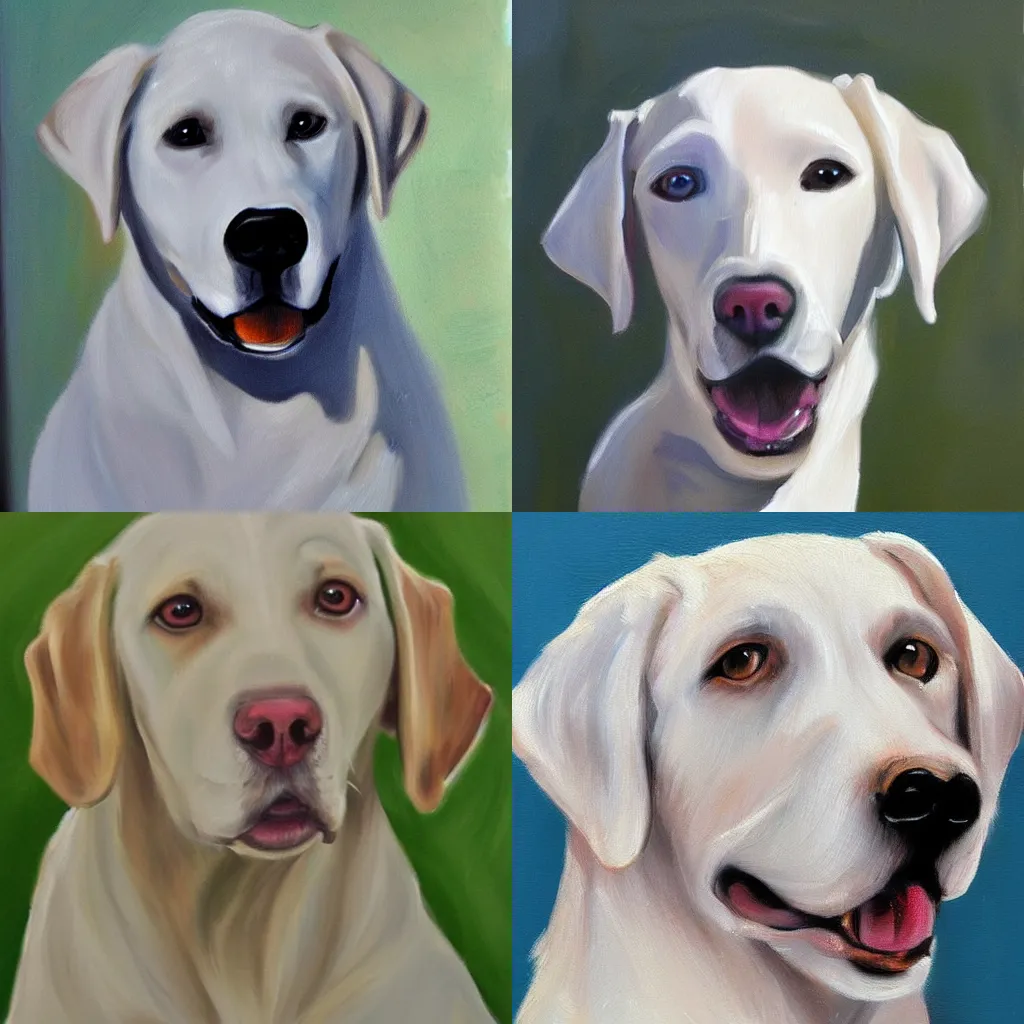 Prompt: white labrador retriever face, excited, realistic painting style