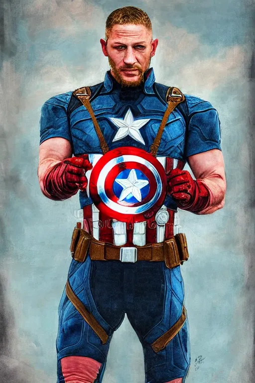 Image similar to a full body high detail fantasy portrait oil painting illustration of Tom Hardy as Captain America by Justin Sweet with face and body clearly visible, in a scenic background, pupils visible, realistic proportions, artstation trending, high quality, sombre mood, artstation trending, muted colours, no crop, entire person visible!, natural light, dusty, Adobe Photoshop, Adobe Lightroom, photolab, Affinity Photo,