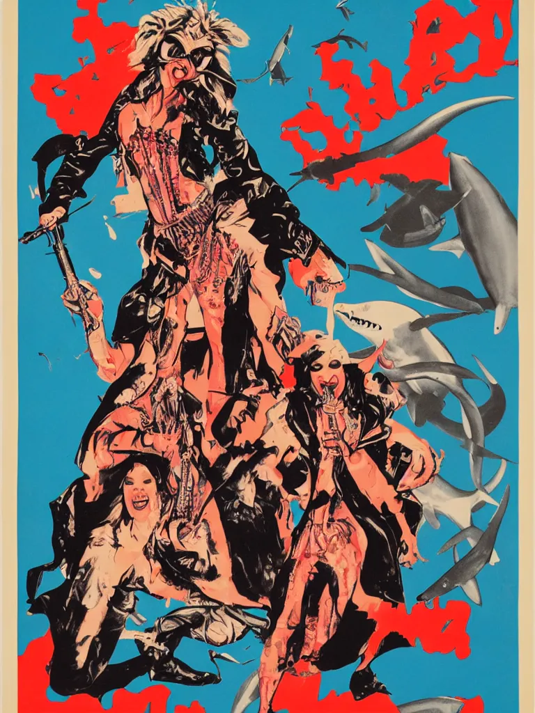 Prompt: propaganda poster for a shark glam rock star drag queen in hell, concert poster