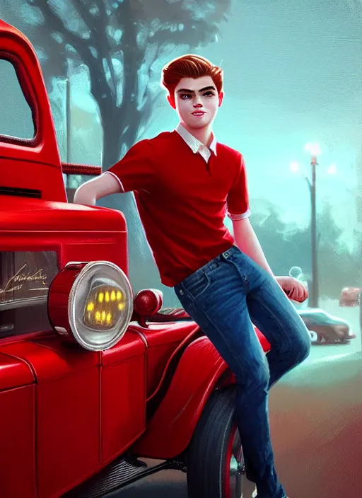 Image similar to teenage archie andrews, in a red ford model t, intricate, elegant, glowing lights, highly detailed, digital painting, artstation, sharp focus, illustration, art by wlop, mars ravelo and greg rutkowski