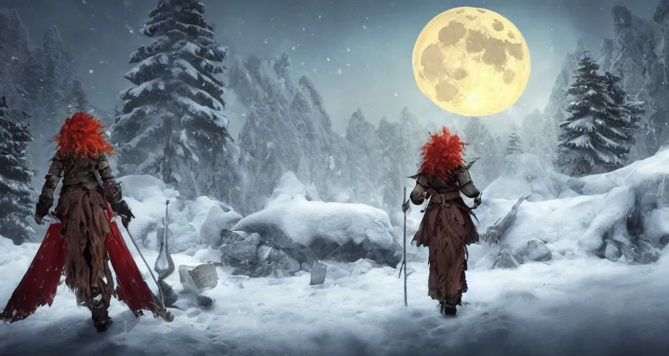 Image similar to an epic fantasy adventurer's camp in the snow with a hide tent at night with a full moon, a single adventurer with red hair, 4 k, extremely detailed. award winning, trending on artstation, 8 k, ultra wide angle