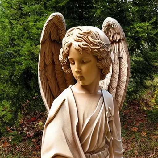 Image similar to angel statue made out of wood, very detailed, realistic,