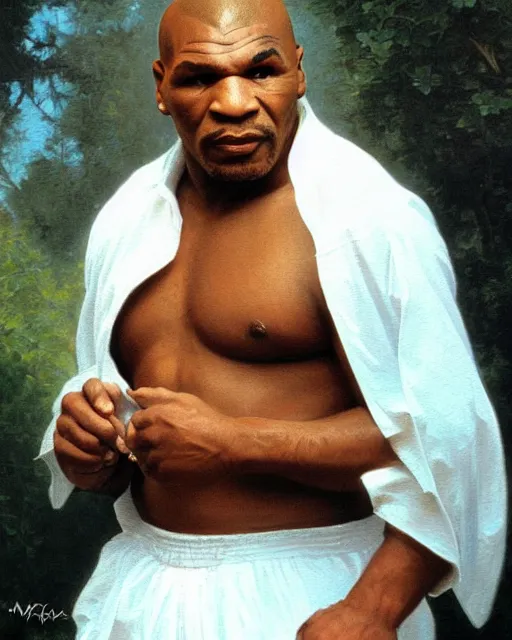 Image similar to beautiful glorious realistic oil painting of mike tyson, bokeh, baroque style by bouguereau, sunset, highly detailed, 8 k intricate