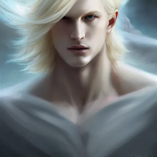 Prompt: digital art of a pale menacing Angel of Battle with long blond curls of hair and piercing eyes, johan liebert mixed with Dante, central composition, he commands the fiery power of resonance and wrath, very very long blond curly hair with bangs!!!, baroque curls, by Ross Tran Rossdraws and WLOP, Artstation, CGsociety