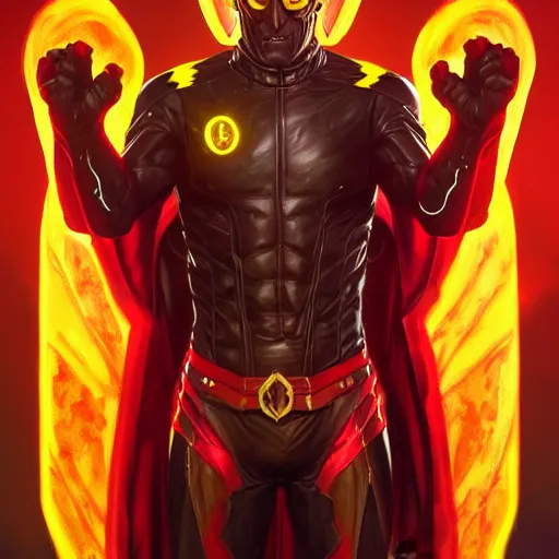 Image similar to Homelander as Reverse Flash with glowing red eyes, western, D&D, fantasy, intricate, elegant, highly detailed, digital painting, artstation, concept art, matte, sharp focus, illustration, art by Artgerm and Greg Rutkowski and Alphonse Mucha