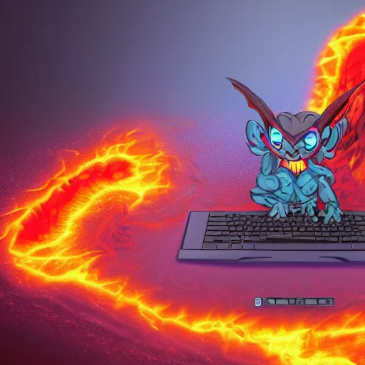 Image similar to a demon ~ using a laptop ~ lava background ~ sitting on a chair ~, 4 k, ultra hd