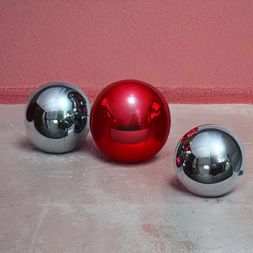 Prompt: chrome spheres on a red cube by aya kato