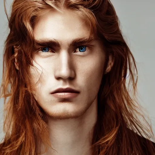 Image similar to a beautiful picture of a jong red blond european man wiht a sharp face and brown eyes, long hair, pointy nose