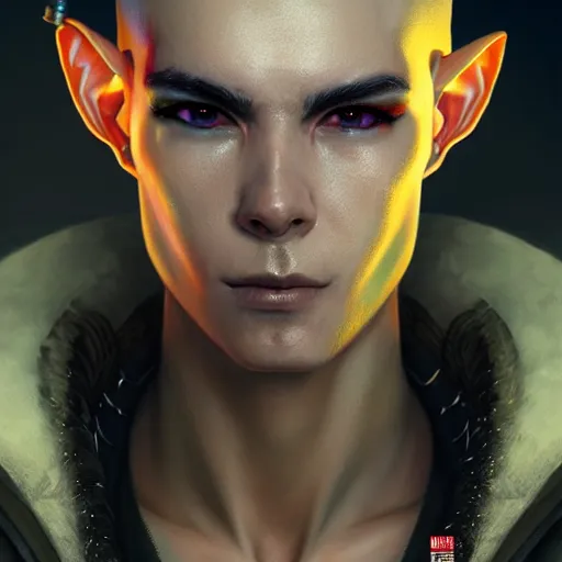 Image similar to portrait painting of a cyberpunk elf mercenary bill kaulitz, ultra realistic, concept art, intricate details, eerie, highly detailed, photorealistic, octane render, 8 k, unreal engine. art by artgerm and greg rutkowski and charlie bowater and magali villeneuve and alphonse mucha