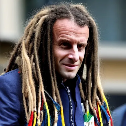 Prompt: Emmanuel Macron with dreadlocks wig at G20, long dreadlocks, lots of dreadlocks on the head, Rasta dreadlocks Macron