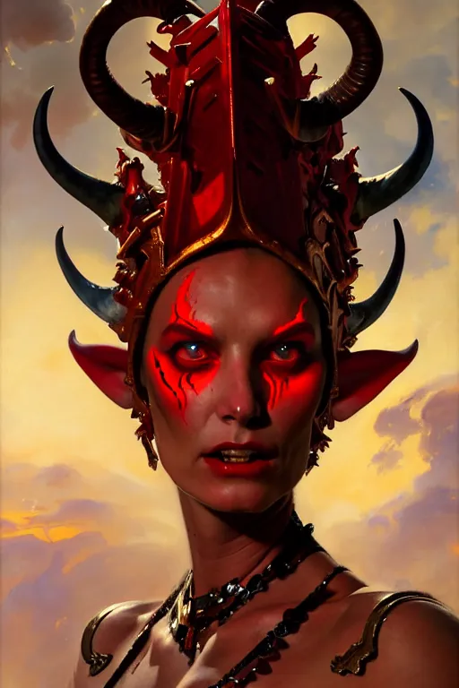 Image similar to painted close - up portrait of a very attractive red - skinned intimidating demon alien - cyborg queen with ram horns! oil painting, wearing a noblewoman's outfit, fantasy art by john singer sargent and gaston bussiere and james jean and greg rutkowski, demon noble character design, hd