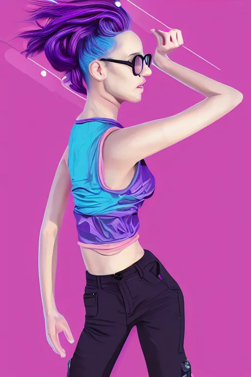 Prompt: a award winning half body portrait of a beautiful woman in a croptop and cargo pants with ombre purple pink teal hairstyle with head in motion and hair flying, outrun, vaporware, flat illustration, digital art, trending on artstation, highly detailed, fine detail, intricate