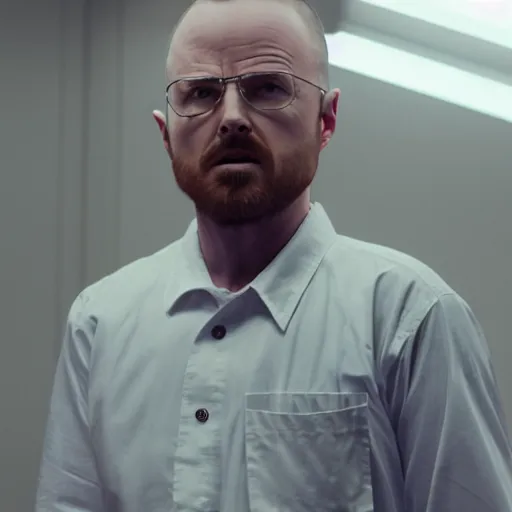 Image similar to Live Action Still of Aaron Paul dressed as Walter White, real life, hyperrealistic, ultra realistic, realistic, highly detailed, epic, HD quality, 8k resolution, body and headshot, film still