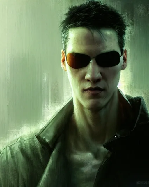 Image similar to battle hardened, overpowering, pragmatic, charismatic character from the matrix, face centered portrait, confident, ruined cityscape, sterile minimalistic room, architecture, fog, volumetric lighting, illustration, perfectly shaded, greenish tinge, cold lights soft painting, art by krenz cushart and wenjun lin