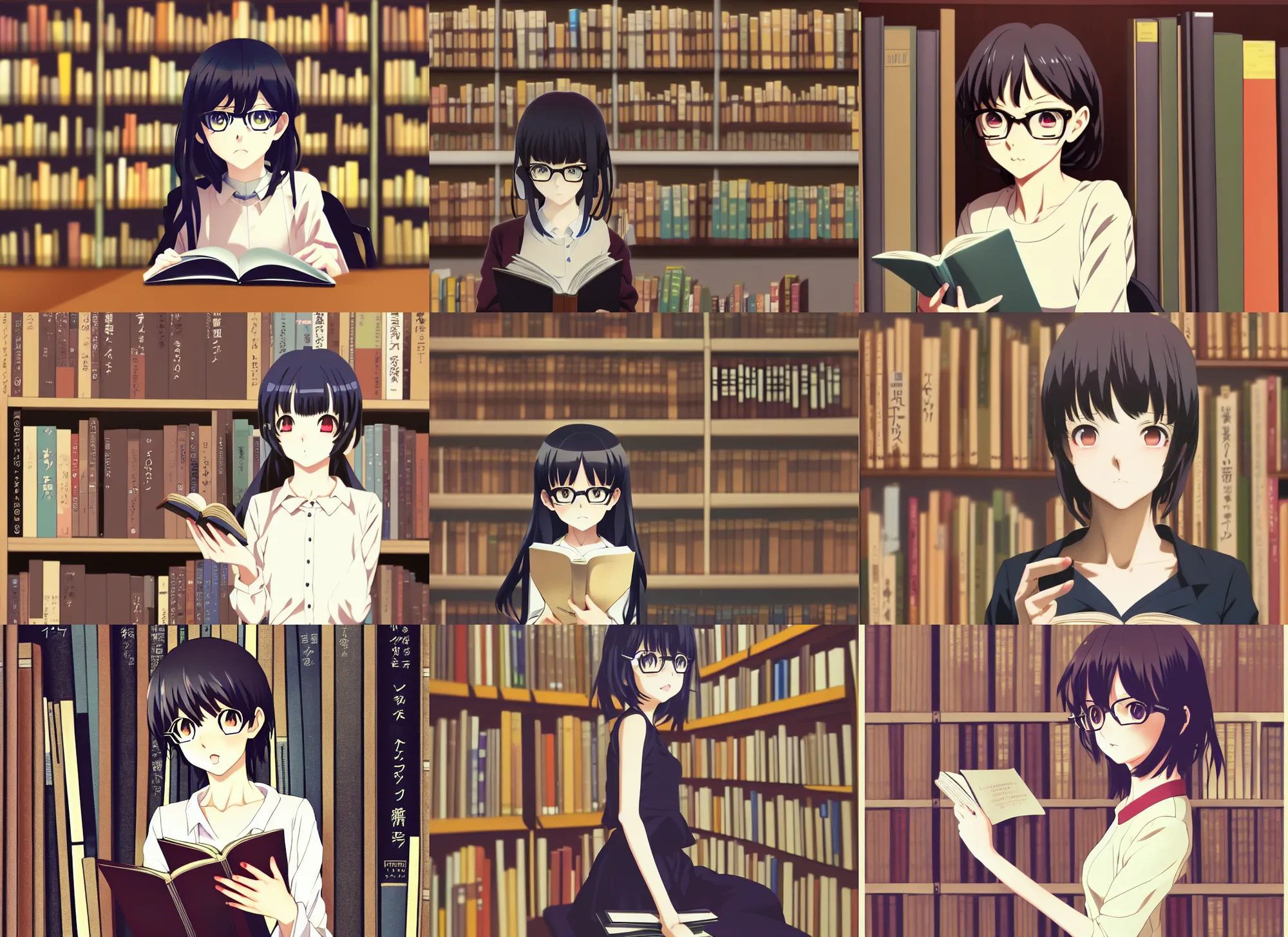 Prompt: anime visual, low light portrait of a curious young woman in a library interior reading, cute face by ilya kuvshinov, yoh yoshinari, dynamic pose, dynamic perspective, cel shaded, flat shading mucha, rounded eyes, moody, psycho pass, kyoani, smooth facial features, meganeko anime