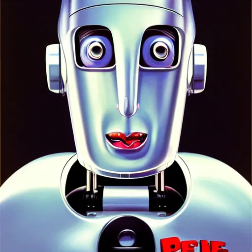 Image similar to Portrait of pee-wee herman as a chrome robot, black hair, highly detailed, digital painting, artstation, concept art, illustration, art by syd mead and hajime sorayama