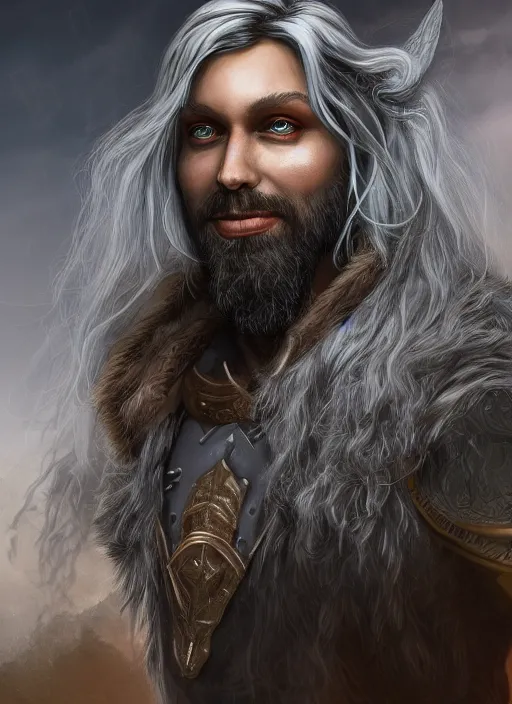 Image similar to an epic fantastic realism comic book style portrait painting of an aasimar warlock, male, shaggy silver hair, short brown beard, d & d concept art, unreal 5, daz, petrol aesthetic, octane render, cosplay, rpg portrait, dynamic lighting