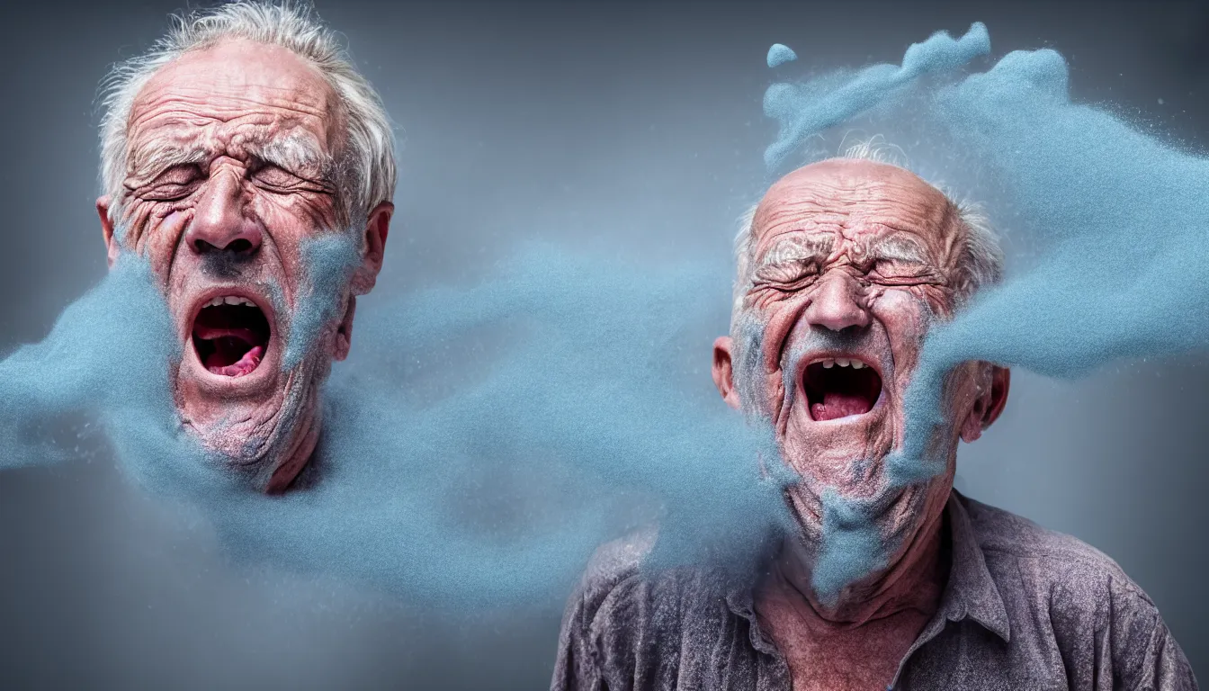 Prompt: o hyper realistic photo of a weathered old man, feedback loop, burst of powders, volumetric lighting, twisting vapour, bellowing dust, emerging hands and beautiful woman's screaming face, full colour, upscale, 4 k