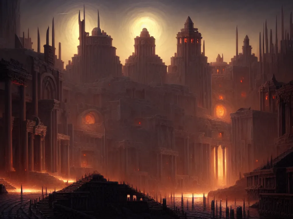 Prompt: the city of tyr in the world of athas, dark sun d & d art, beautiful digital painting by gerald brom, intricate details, ultra realistic, beautiful digital painting in the style of wlop, volumetric lightning, fantasypunk, dark sun rising, amazing d & d art, by greg rutkowski, trending cgsociety, artstation
