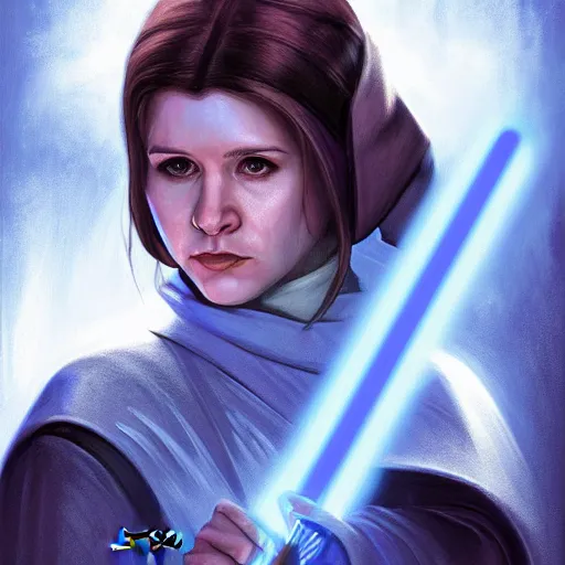 Prompt: head and shoulders portrait of a female knight, jedi, robes, blue lightsaber, young carrie fisher, star wars, by artgerm, digital illustration