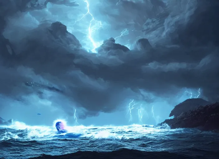 Image similar to wild ocean storm at night, a giant Sonic the Hedgehog emerging from water, dramatic lighting, cinematic, establishing shot, extremly high detail, foto realistic, cinematic lighting, post processed, concept art, artstation, matte painting, style by eddie mendoza, raphael lacoste, alex ross