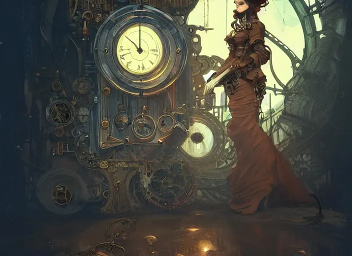 Image similar to woman model, steampunk!!! and modern, rgb, scary!!!! sewers!!!, backlit, elegant, highly detailed, digital painting, artstation, concept art, smooth, sharp focus, illustration, art by krenz cushart and artem demura and alphonse mucha