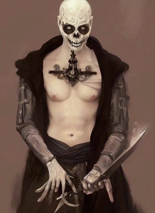 Image similar to character concept portrait of an attractive young smirking Spanish wizard with pale white skin and wearing parital skeleton mask while enchanting a dark seduction spell, a floating burning spell book in the center, intricate, elegant, digital painting, concept art, smooth, sharp focus, illustration, from Metal Gear, by Ruan Jia and Mandy Jurgens and William-Adolphe Bouguereau, Artgerm