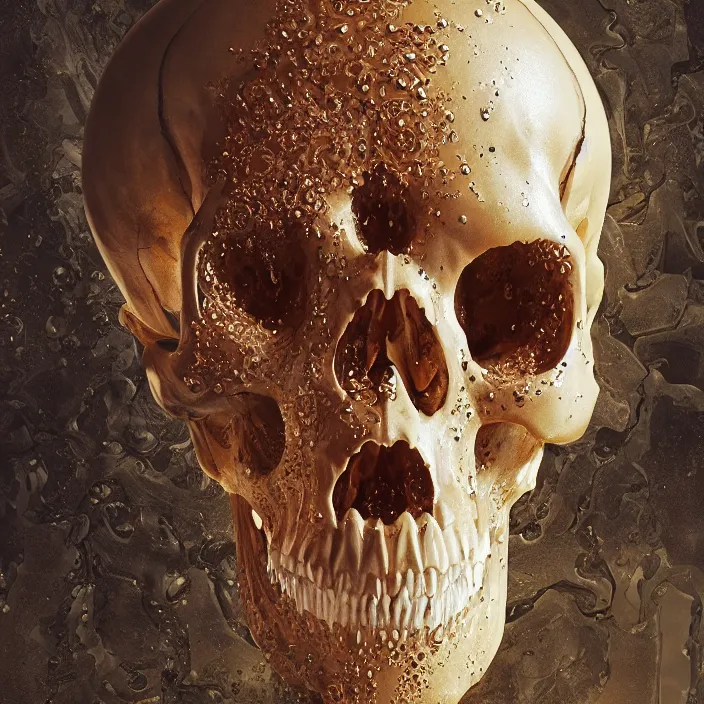 Image similar to a melting-dripping carved human skull. burning distortions. intricate abstract. intricate artwork. by Tooth Wu, wlop, beeple, dan mumford. octane render, trending on artstation, greg rutkowski very coherent symmetrical artwork. cinematic, hyper realism, high detail, octane render, 8k, depth of field, bokeh. iridescent accents